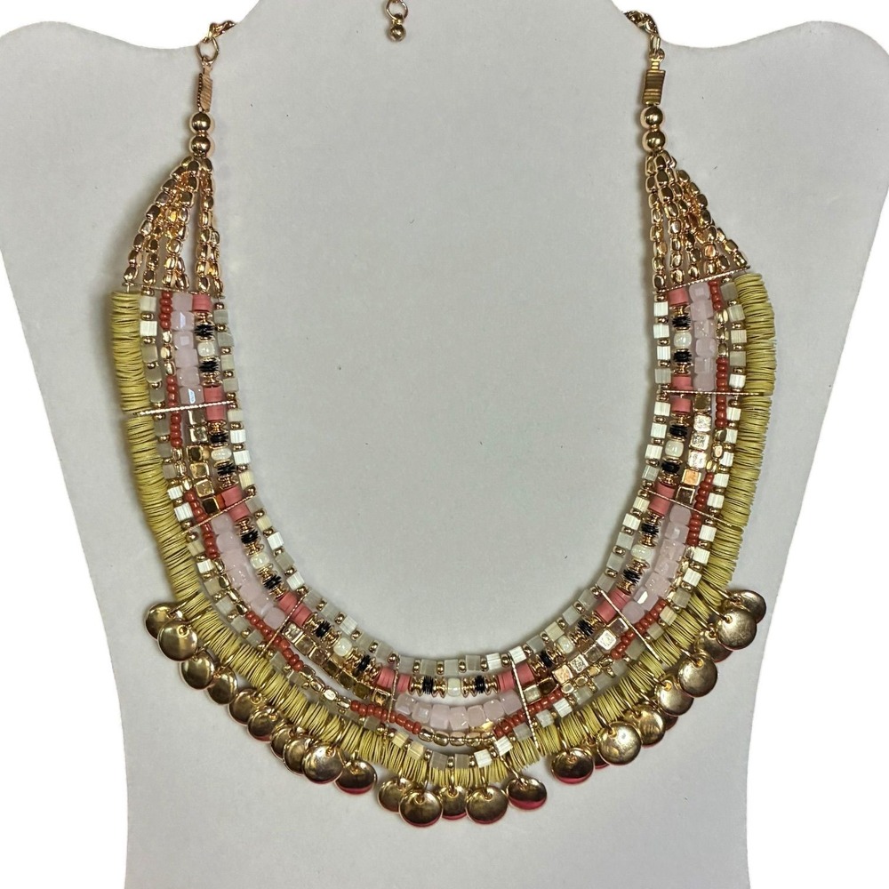 Gold Coin Fringe Multi Strand Beaded Bib Statement Necklace Boho NOS Vintage